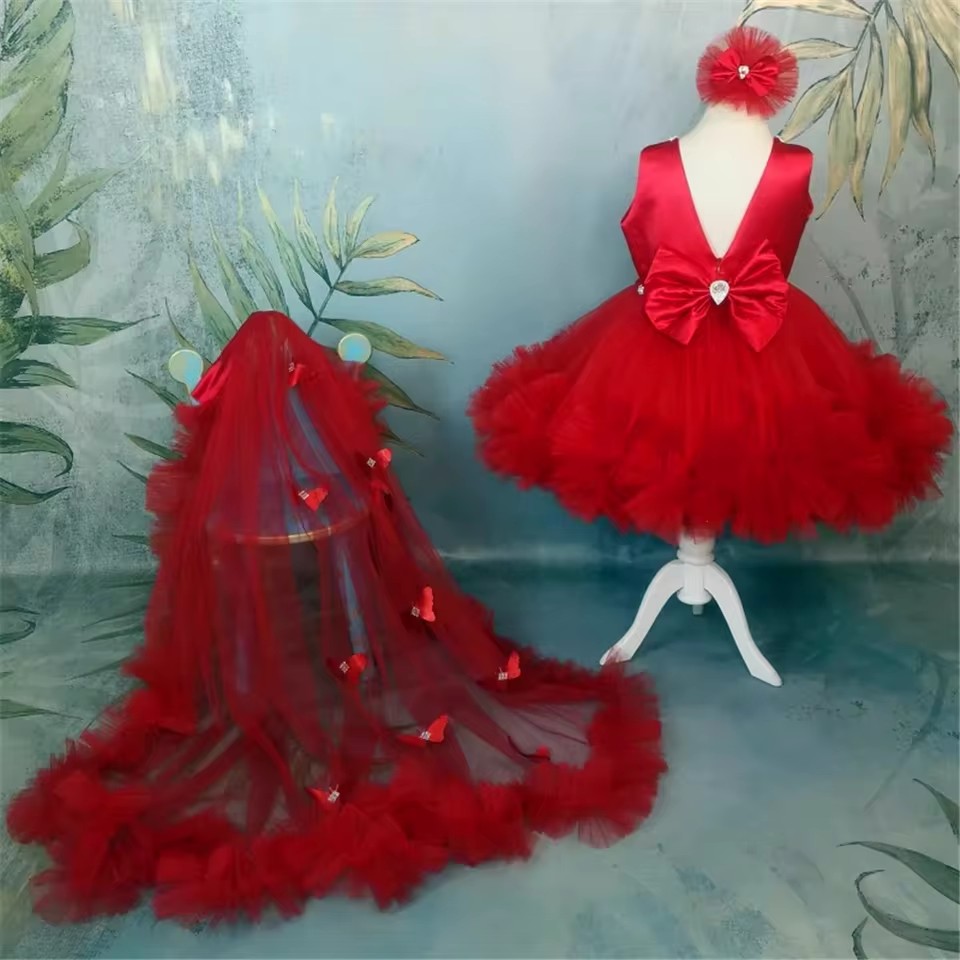 Toddler Girl Tulle Party Dress - Gaun Gadis Bunga Merah Kustom untuk