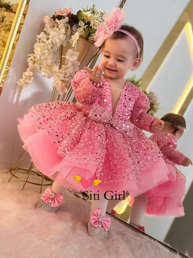 Toddler Girl Tulle Party Dress - Gaun Bayi Putri Merah Muda Gaun