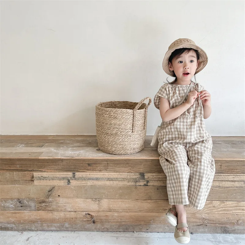 Baby Summer Linen Sleeveless Jumpsuit - Overall Kotak-kotak Bayi Perempuan Pakaian Bermain