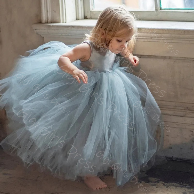 Toddler Girl Tulle Party Dress - Gaun Gadis Bunga Biru untuk Pernikahan