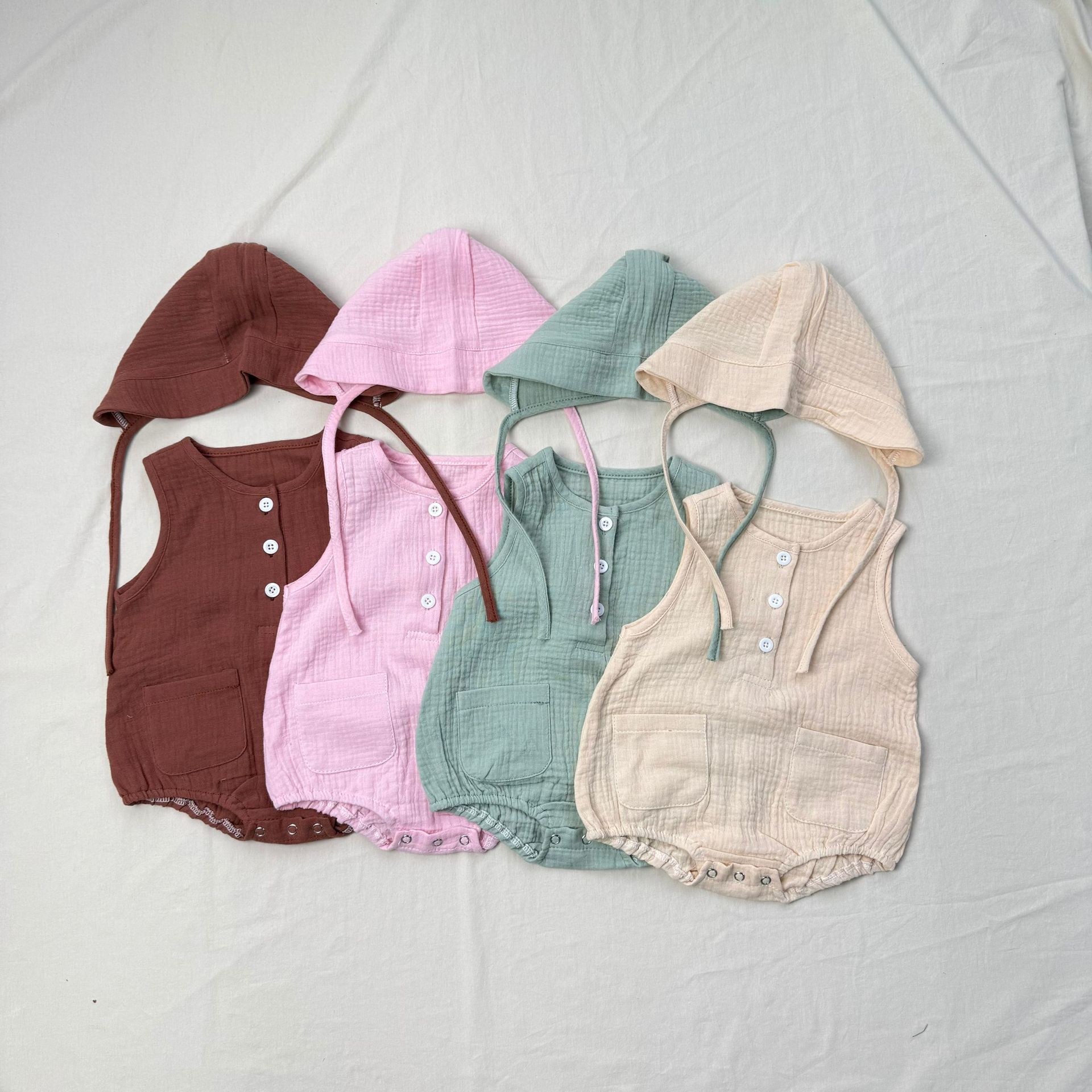 Baby Summer Linen Sleeveless Jumpsuit - Bodysuit + Topi Bayi Baru Musim