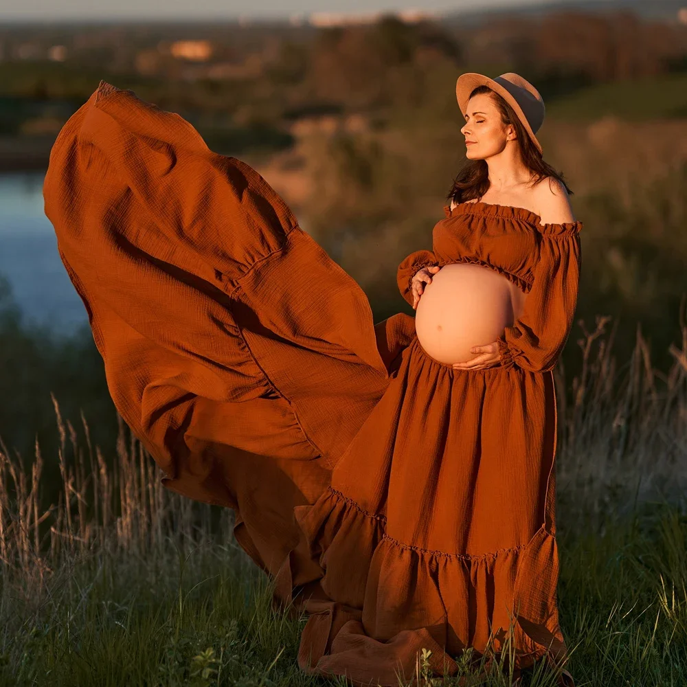 Maternity Wear - Gaun fotografi bersalin Retro bahu terbuka
