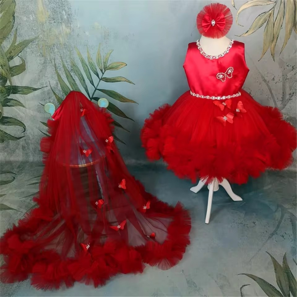 Gaun Gadis Bunga Merah Kustom  - Toddler Girl Tulle Party Dress ulasan dan harga