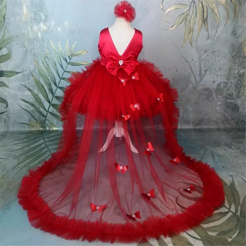 Gaun Gadis Bunga Merah Kustom  - Toddler Girl Tulle Party Dress ulasan dan harga