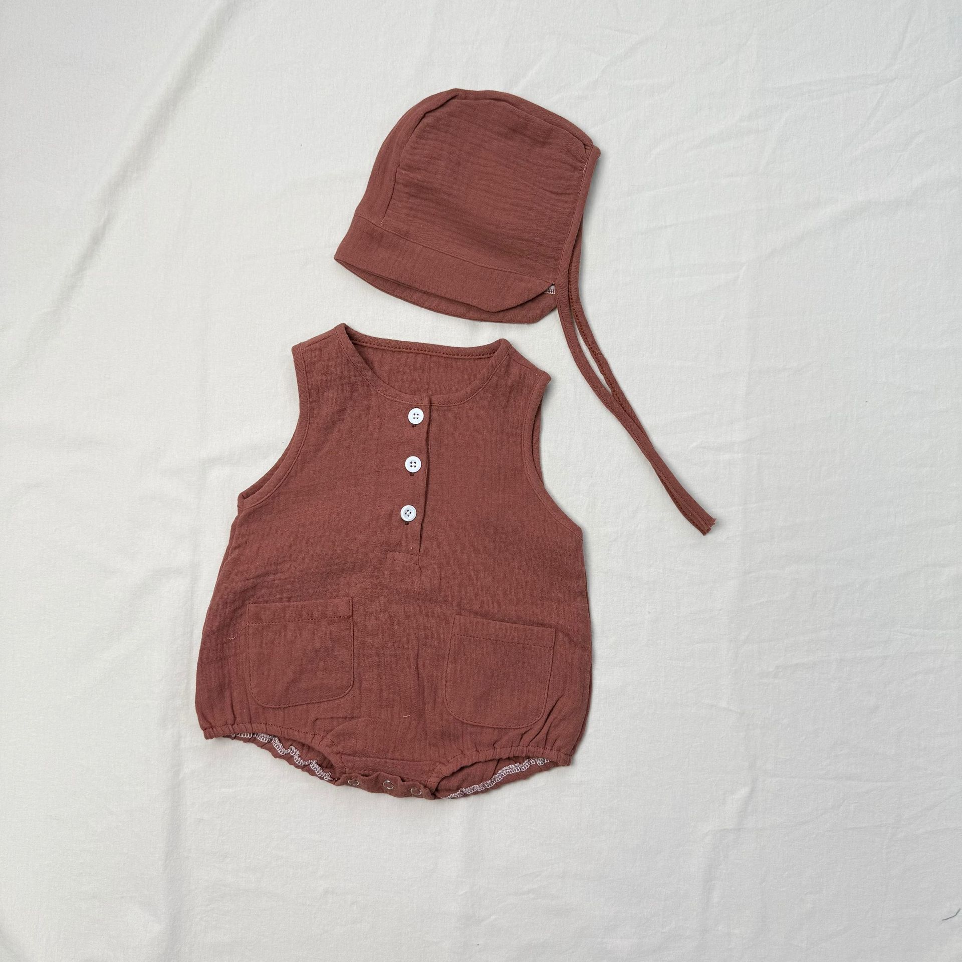 Bodysuit + Topi Bayi Baru Musi - Baby Summer Linen Sleeveless Jumpsuit ulasan dan harga